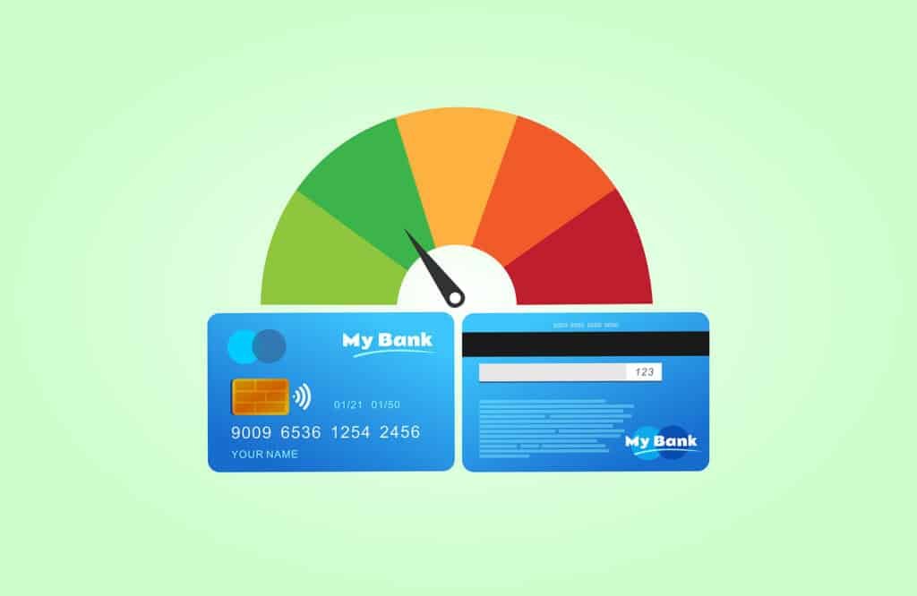 Credit score meter with images of a bank card